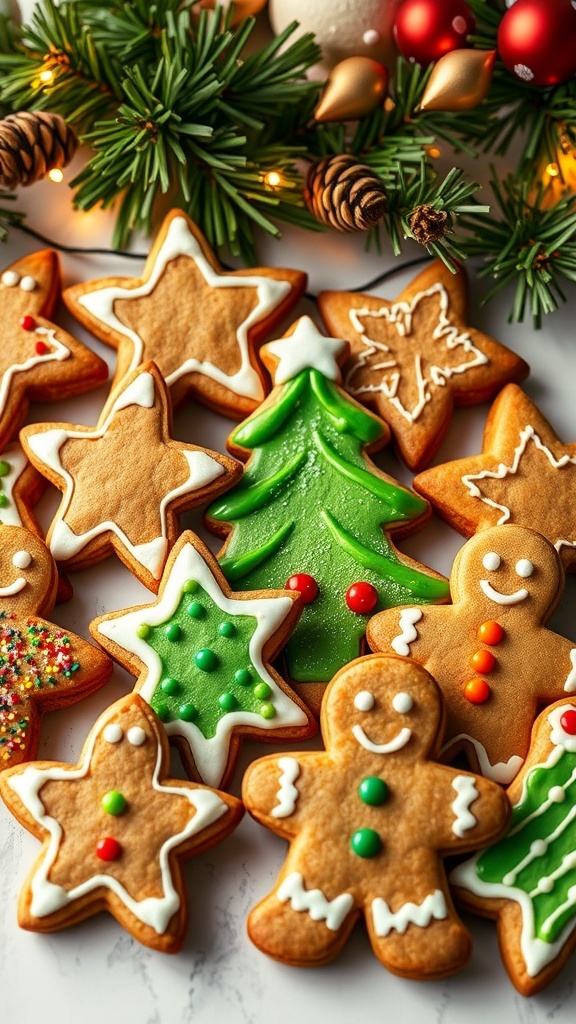 Decorated gingerbread cookies in festive shapes with colorful icing on a holiday-themed background.